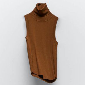 ZARA EXTRA FINE TOFFEE RIBBED BANDAGE HIGH COLLAR KNIT TOP